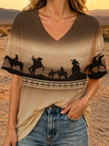 Women's Retro Western Print V-Neck Top