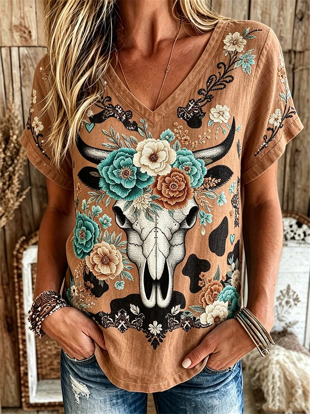 Top de manga corta con estampado western floral y de calavera de vaca para mujer