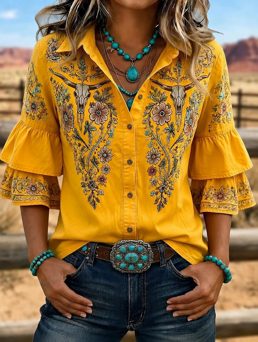 Camisa vaquera de mujer con calavera de toro bordada y mangas con volantes