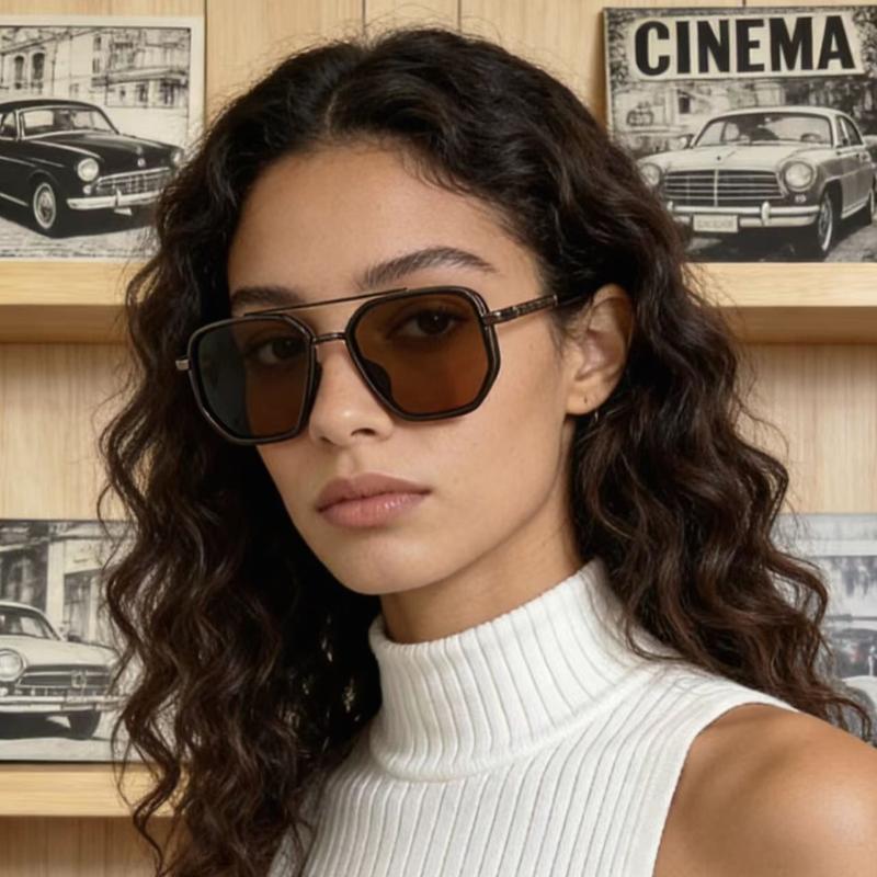 Men’s Geometric Double-Bridge Polarized Sunglasses – Retro Metal Frame Shades