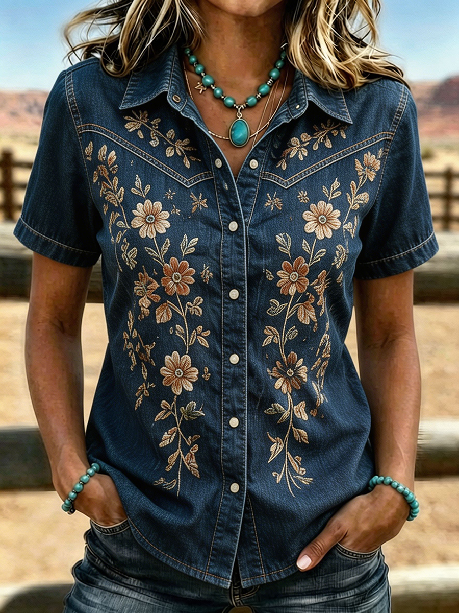 Camisa western de manga corta con bordado floral para mujer