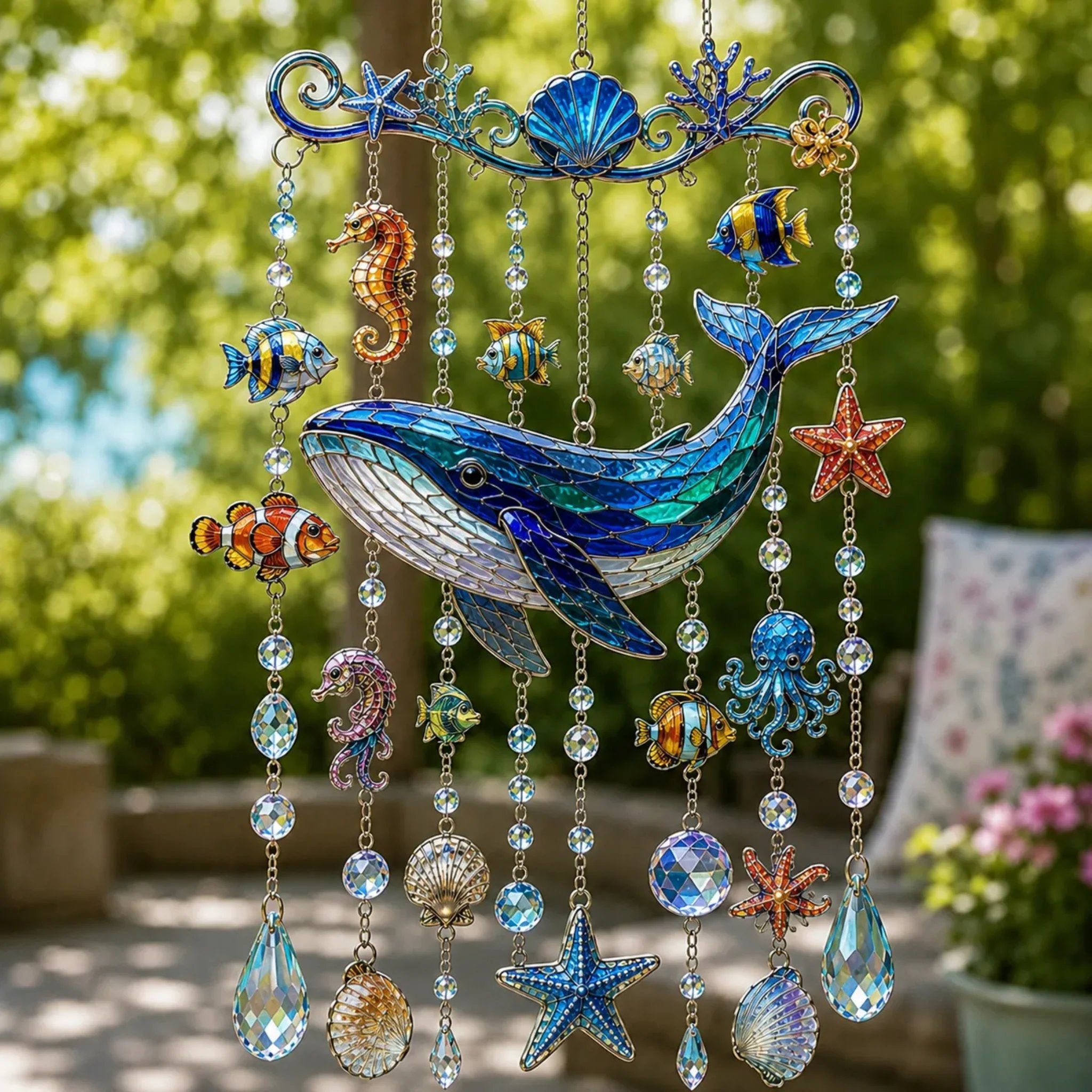 🔥🐋🐢🐬Carillon Éolien en Cristal Thème Océan â€?🌊Apportez la Lumière de l'Océan à Votre Jardin