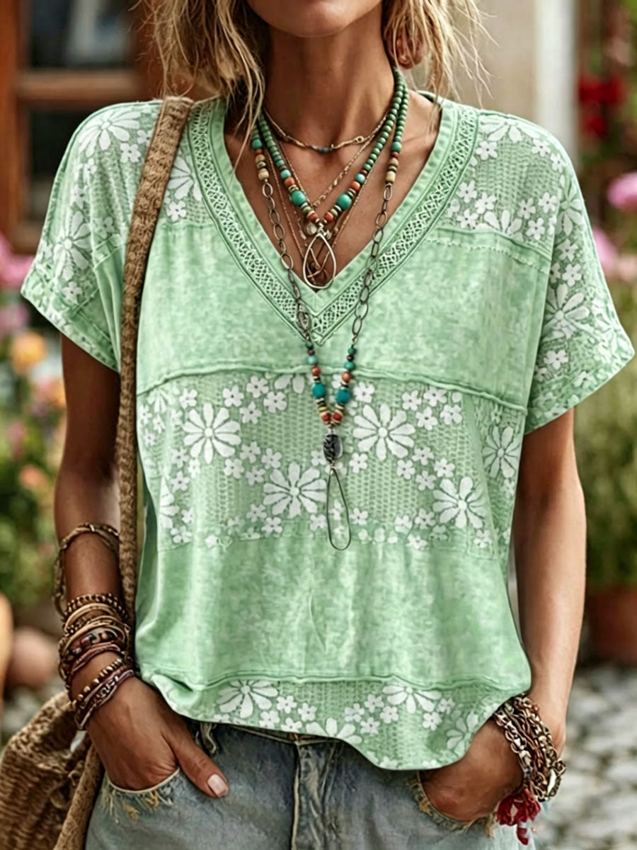 Top informal de algodón y lino con estampado floral y manga corta para mujer