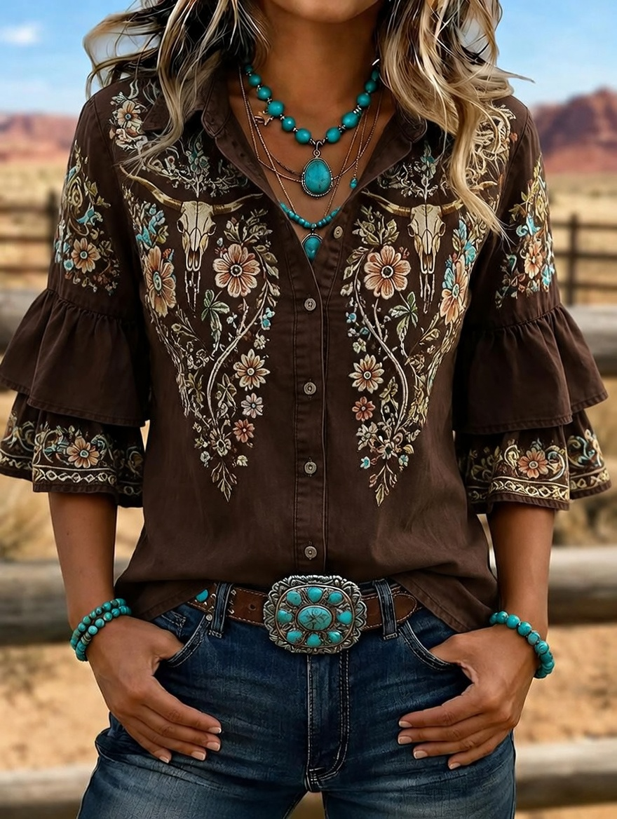 Camisa vaquera de mujer con calavera de toro bordada y mangas con volantes