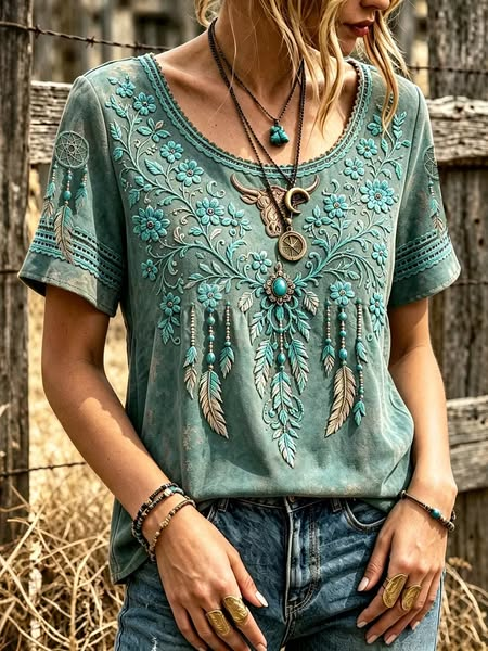 Women's Vintage-Style Western Print Top