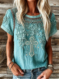 Women'S Vintage Western Turquoise Floral Faith Print Linen Short-Sleeved T-Shirt