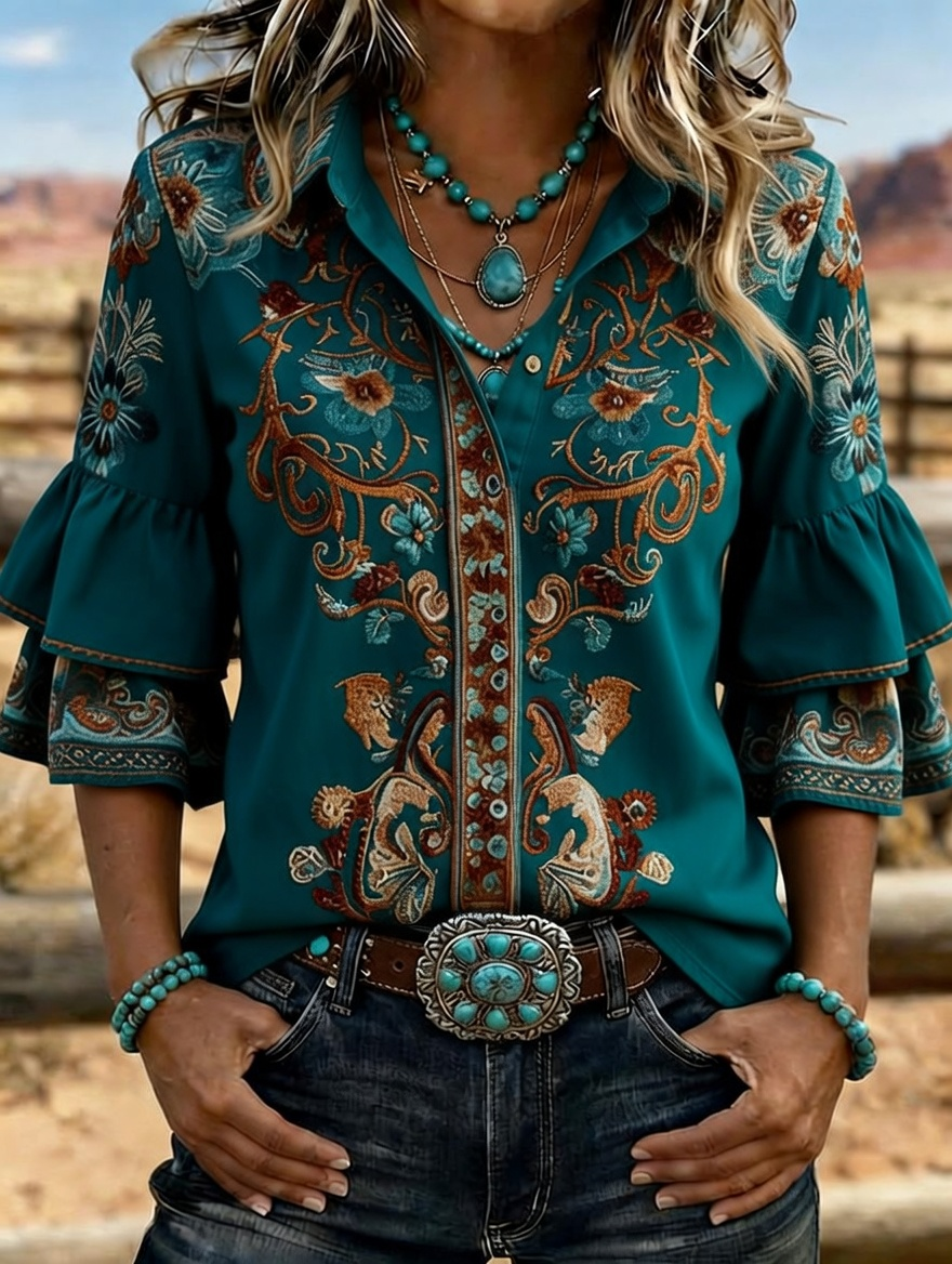 Camisa vaquera western para mujer con bordado floral y mangas acampanadas