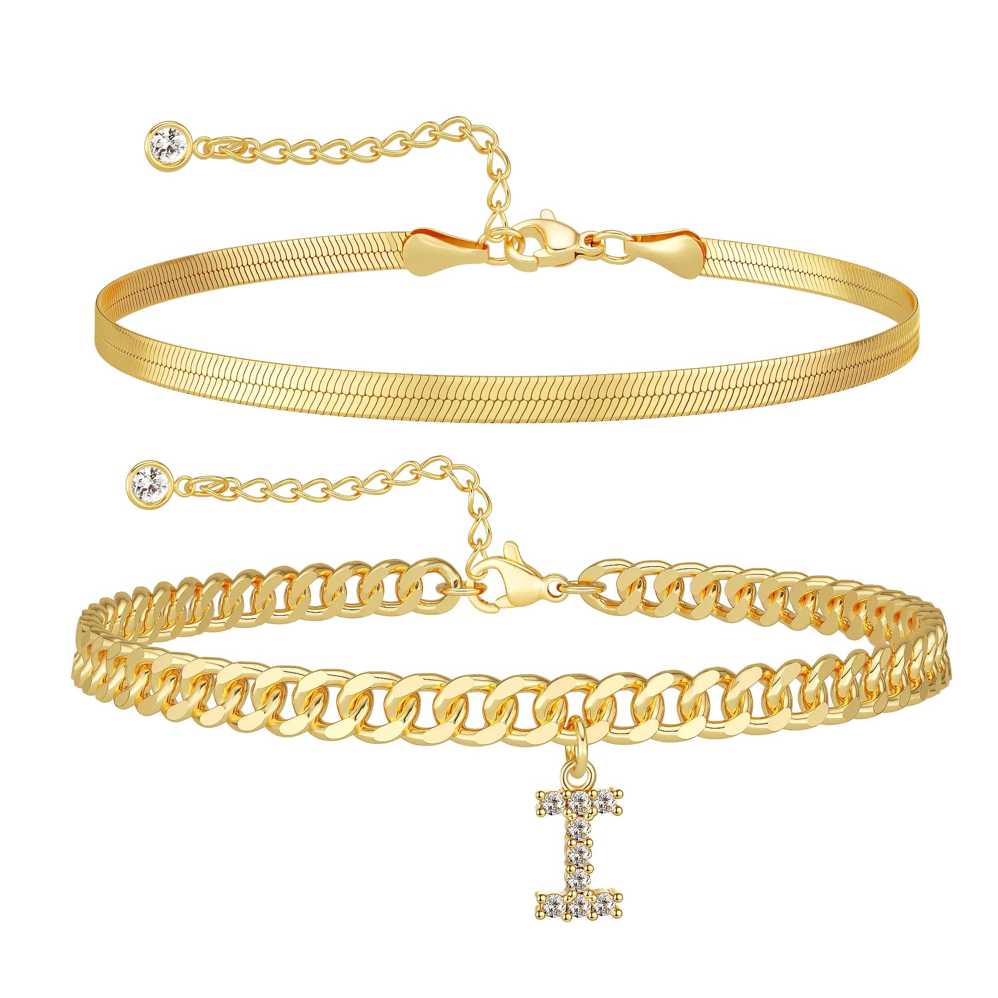 Women's Gold Stackable Anklet Set with Letter Pendant