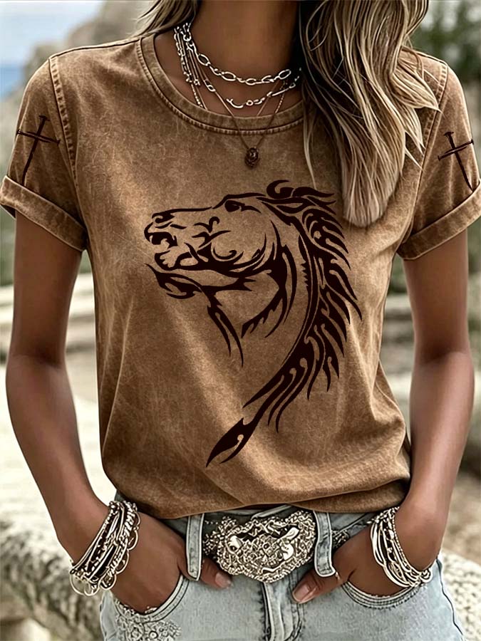 Women'S Western Style Horse Cross Casual T-Shirt
