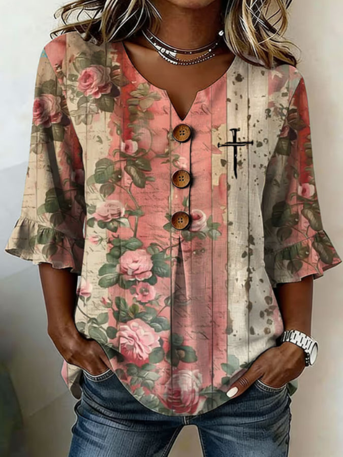 Women's Casual Retro Print Button-Up Shirt