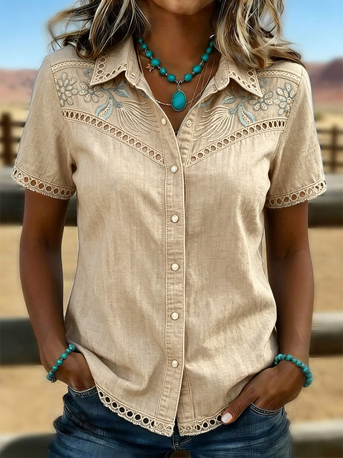 Camisa informal para mujer con estampado de arte floral vintage, paneles calados y patchwork