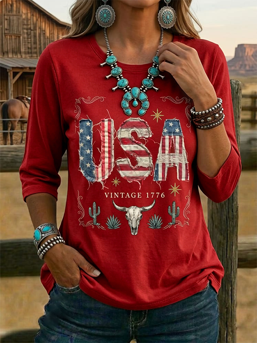 Top informal vintage para mujer con estampado de EE. UU. y manga tres cuartos