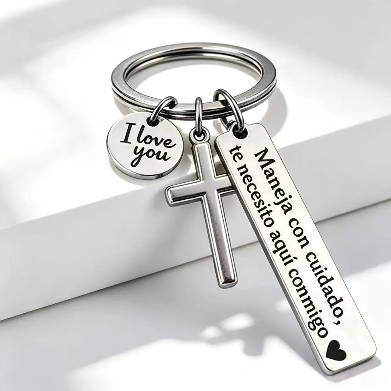 Maneja Con Cuidado Drive Safe Keychain with Cross & I Love You Charm