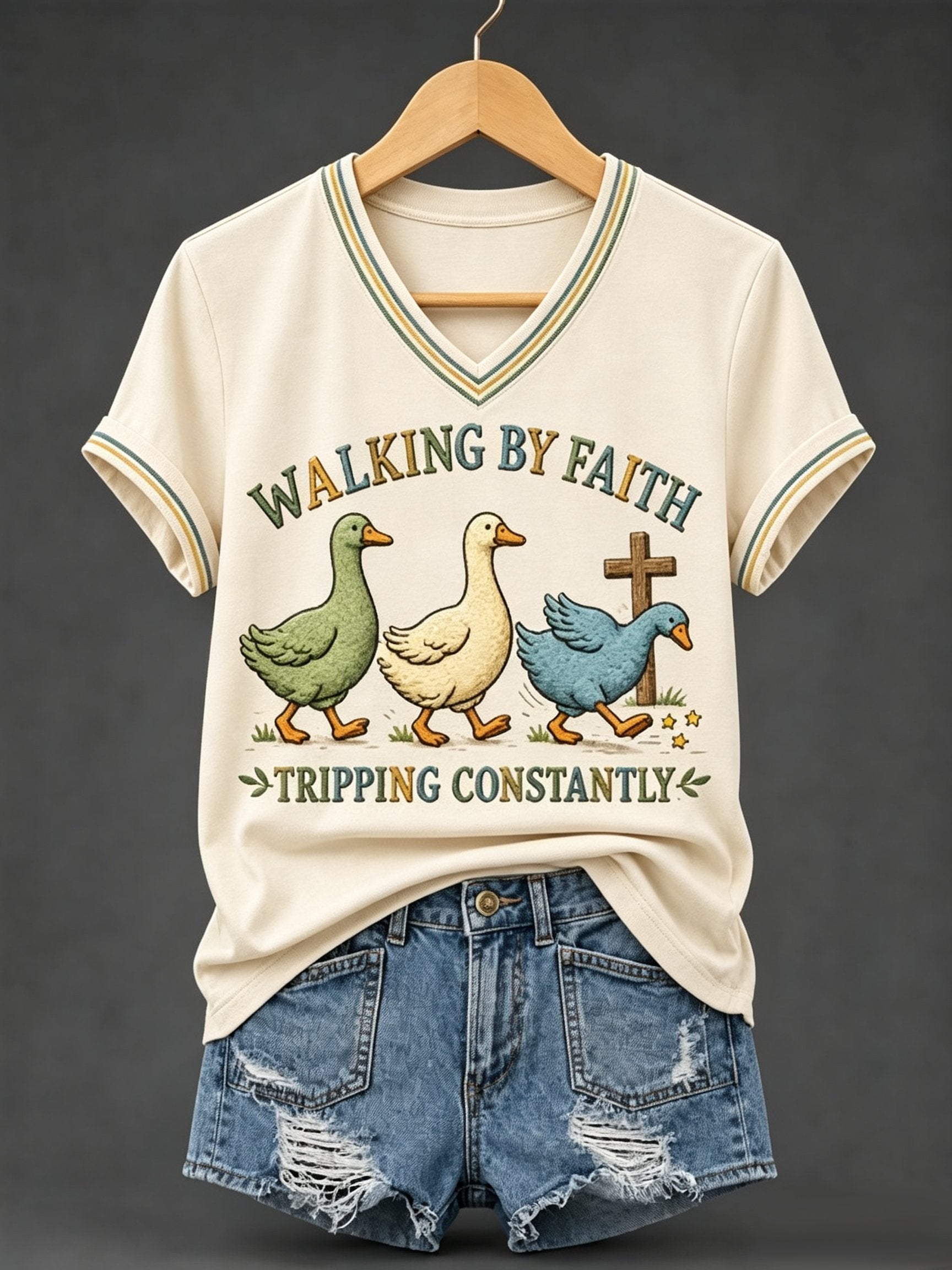 Klassisches Walking By Faith Tripping Constantly Gänse-Print Christliches Inspirierendes Kurzarmshirt
