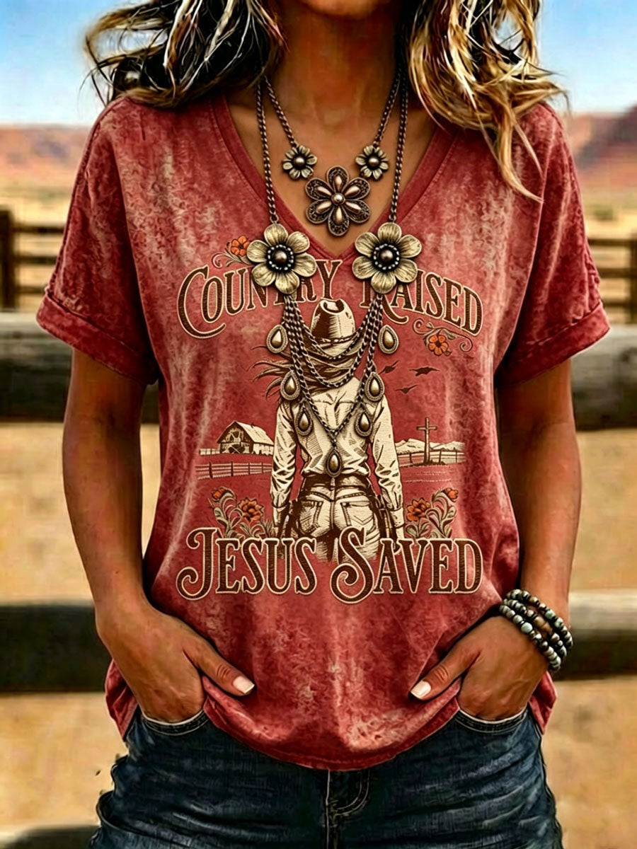 Camiseta retro de cuello en V con estampado de fe de estilo western para mujer