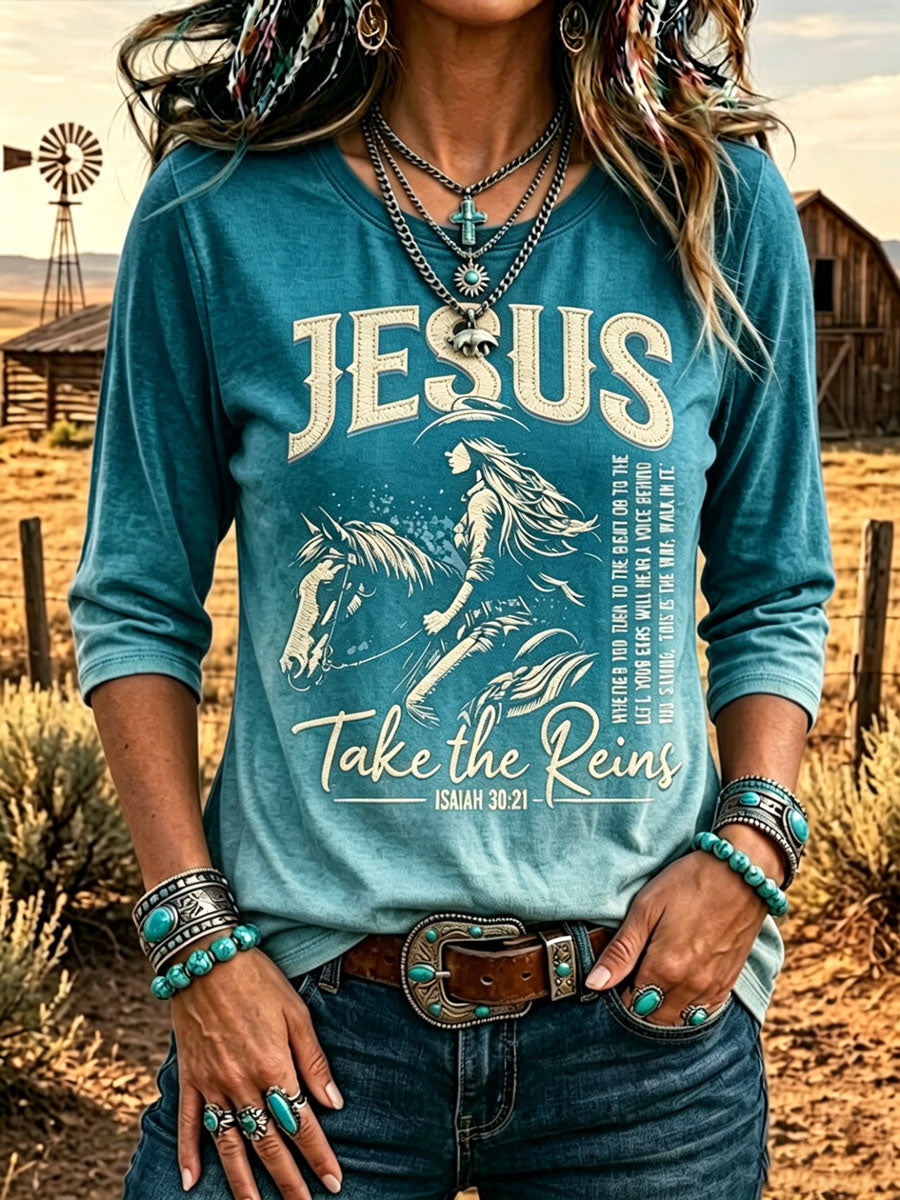 Camiseta de mujer de estilo western retro con estampado de fe