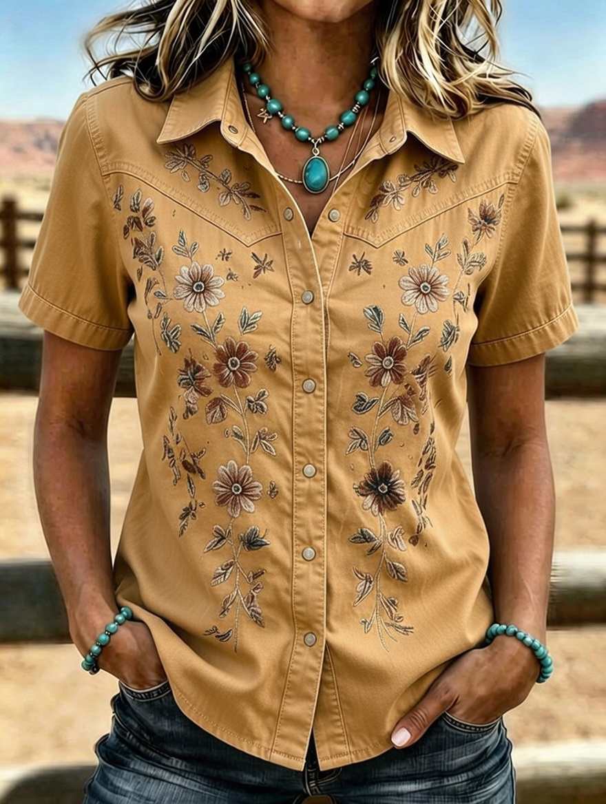 Camisa western de manga corta con bordado floral para mujer