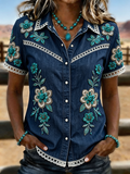 Western-Denim-Hemd für Damen mit böhmischer Blumenstickerei und Spitzenborte