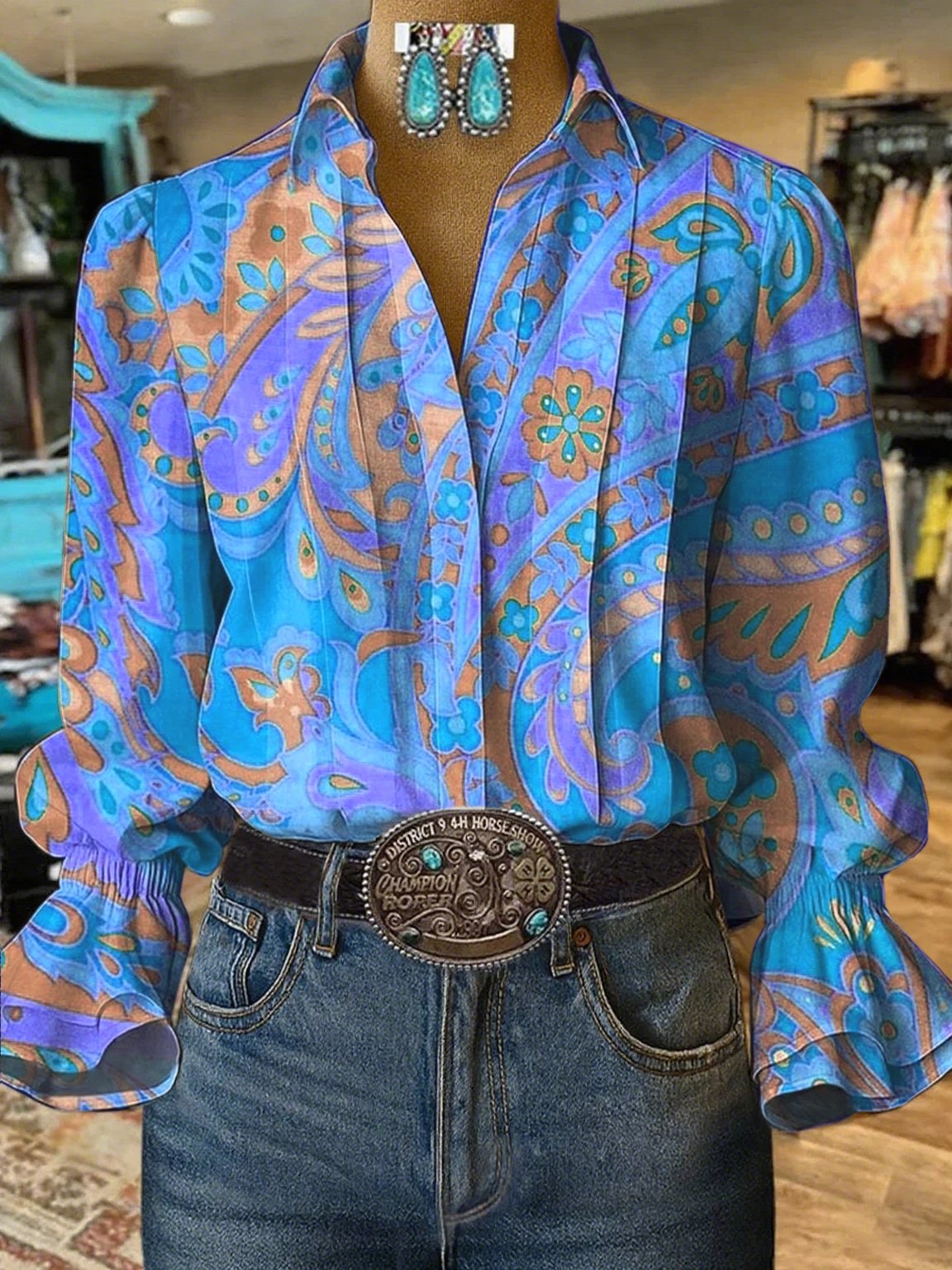 Camisa casual vaquera de mujer con mangas abullonadas y estampado