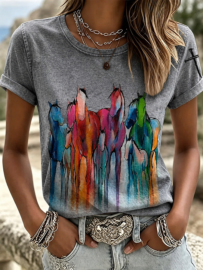 Women's Western style round neck T-shirt