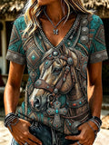 Damen Retro Western Stil Türkis Pferd und Faith Print Leinen Kurzarm T-Shirt