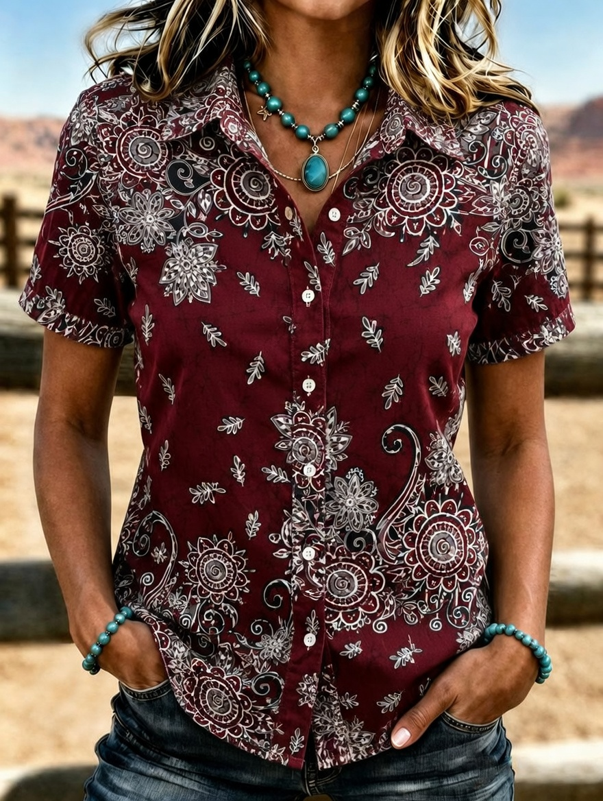 Camisa abotonada de manga corta de mujer con estampado floral étnico retro vintage de estilo vaquero y solapa