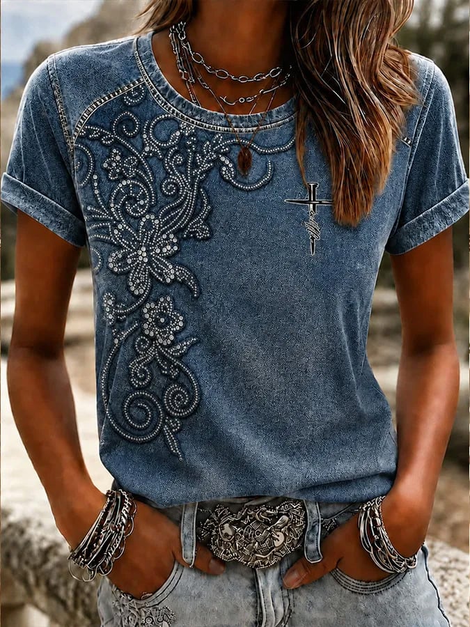 Women's Vintage-Style Western Print Top