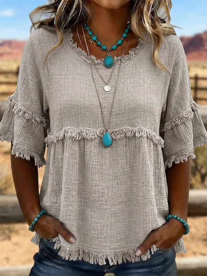 Camisa casual de algodón y lino con flecos y diseño artístico retro de estilo western para mujer
