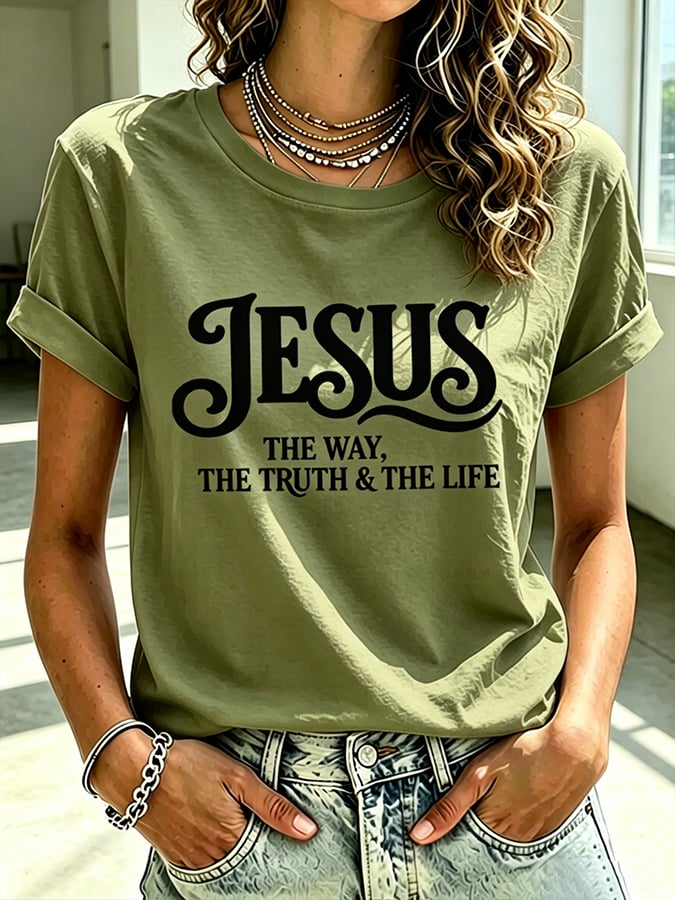 Parte superior estampada de fe con cruz para mujer: «Jesús, el camino, la verdad y la vida»