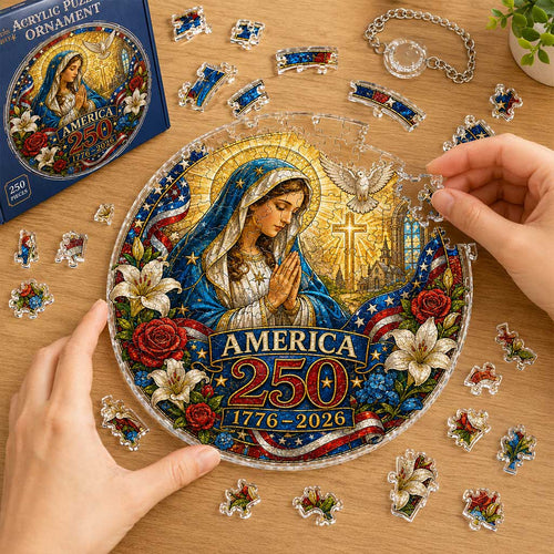 Adorno colgante de ventana de rompecabezas de acrílico America 250: decoración patriótica estilo vidriera con la Madonna y el Niño, captador de sol, 1776–2026