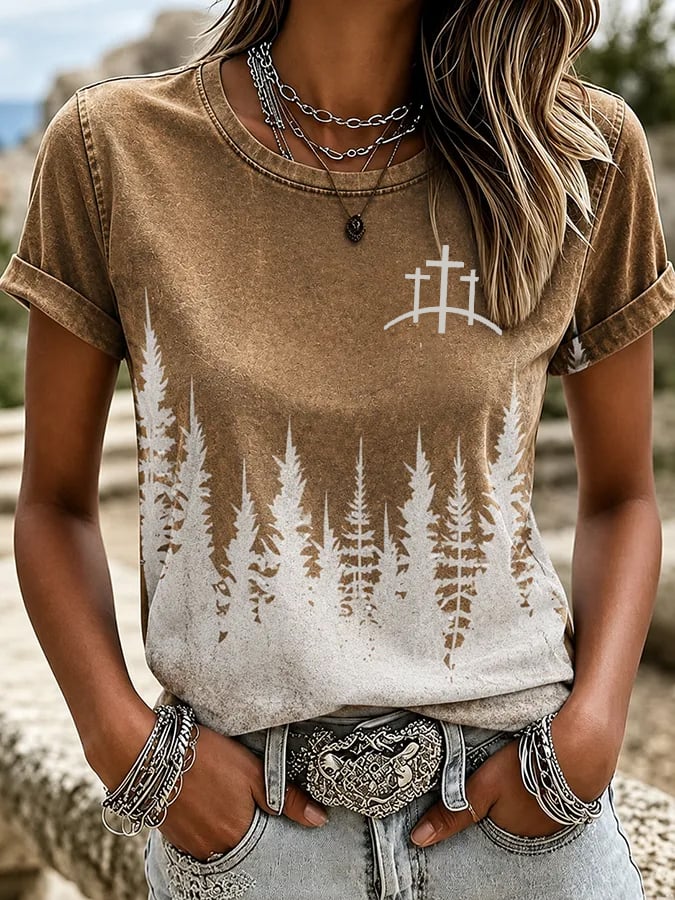 Camiseta de cuello redondo con estampado degradado de fe y arte ecuestre western para mujer