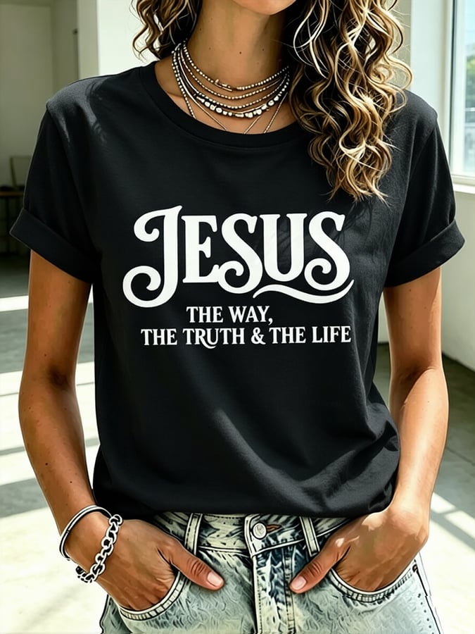 Parte superior estampada de fe con cruz para mujer: «Jesús, el camino, la verdad y la vida»