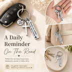 Maneja Con Cuidado Drive Safe Keychain with Cross & I Love You Charm