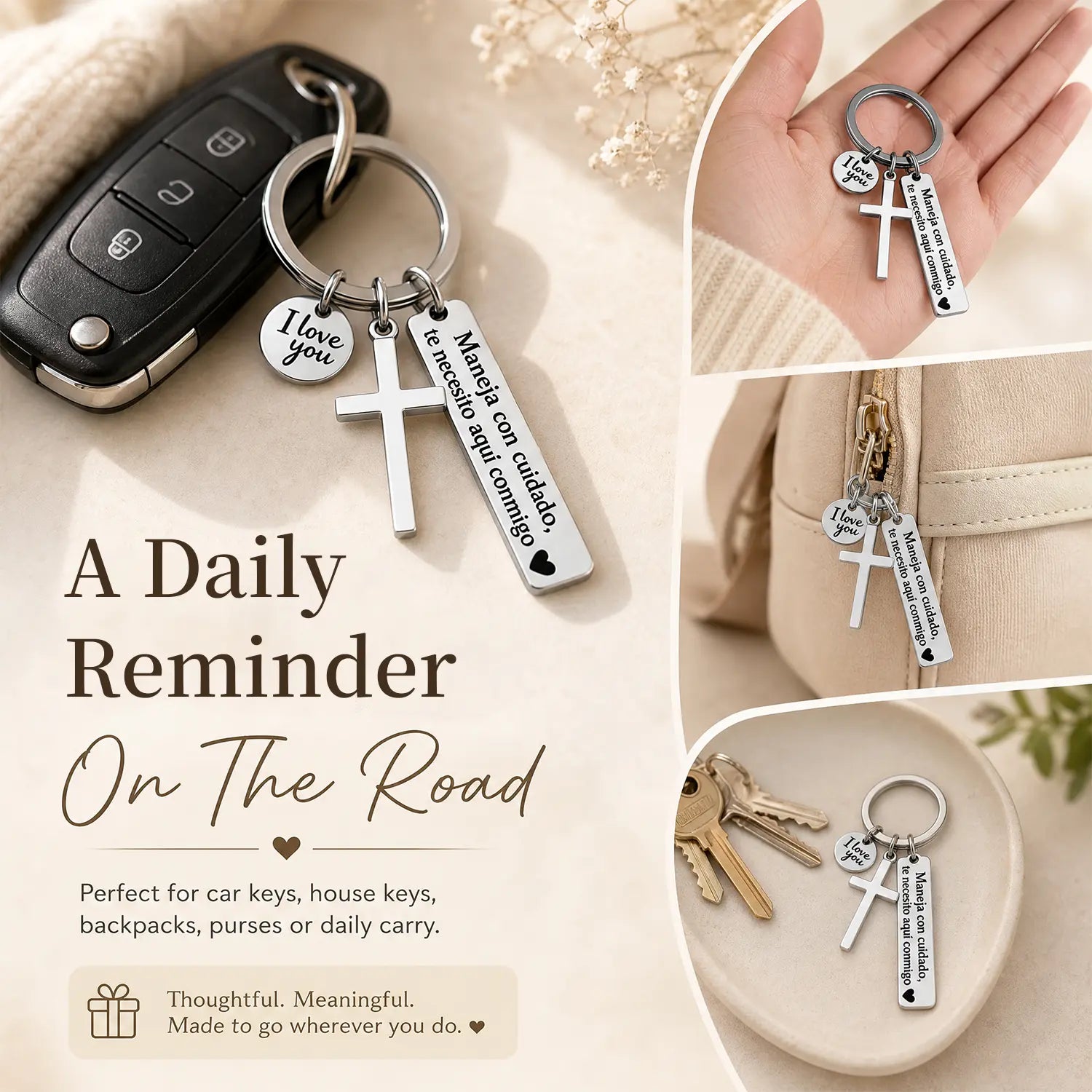 Maneja Con Cuidado Drive Safe Keychain with Cross & I Love You Charm