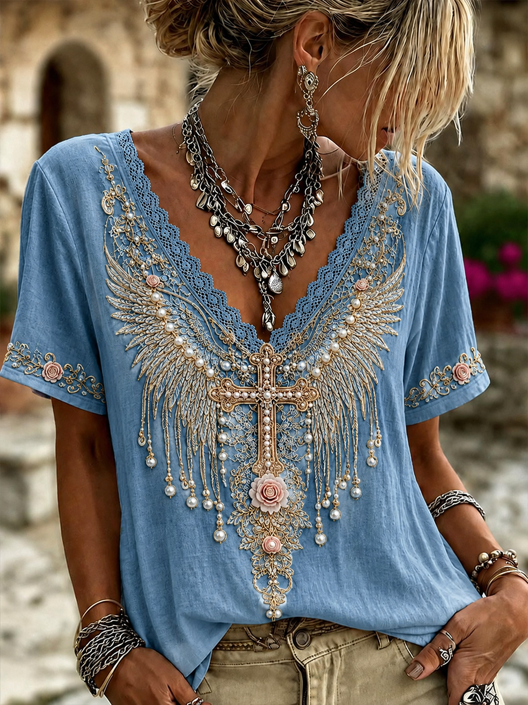 Camiseta de manga corta con cuello en V para mujer, de algodón y lino, con cruz, flores blancas y diseño de fe