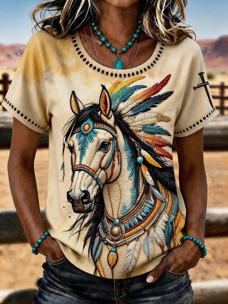 Women'S Western Cross Retro Hollow-Out Horse Print T-Shirt