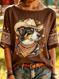 Women's Western-Style Border Collie Embroidery Mid-Sleeve T-Shirt
