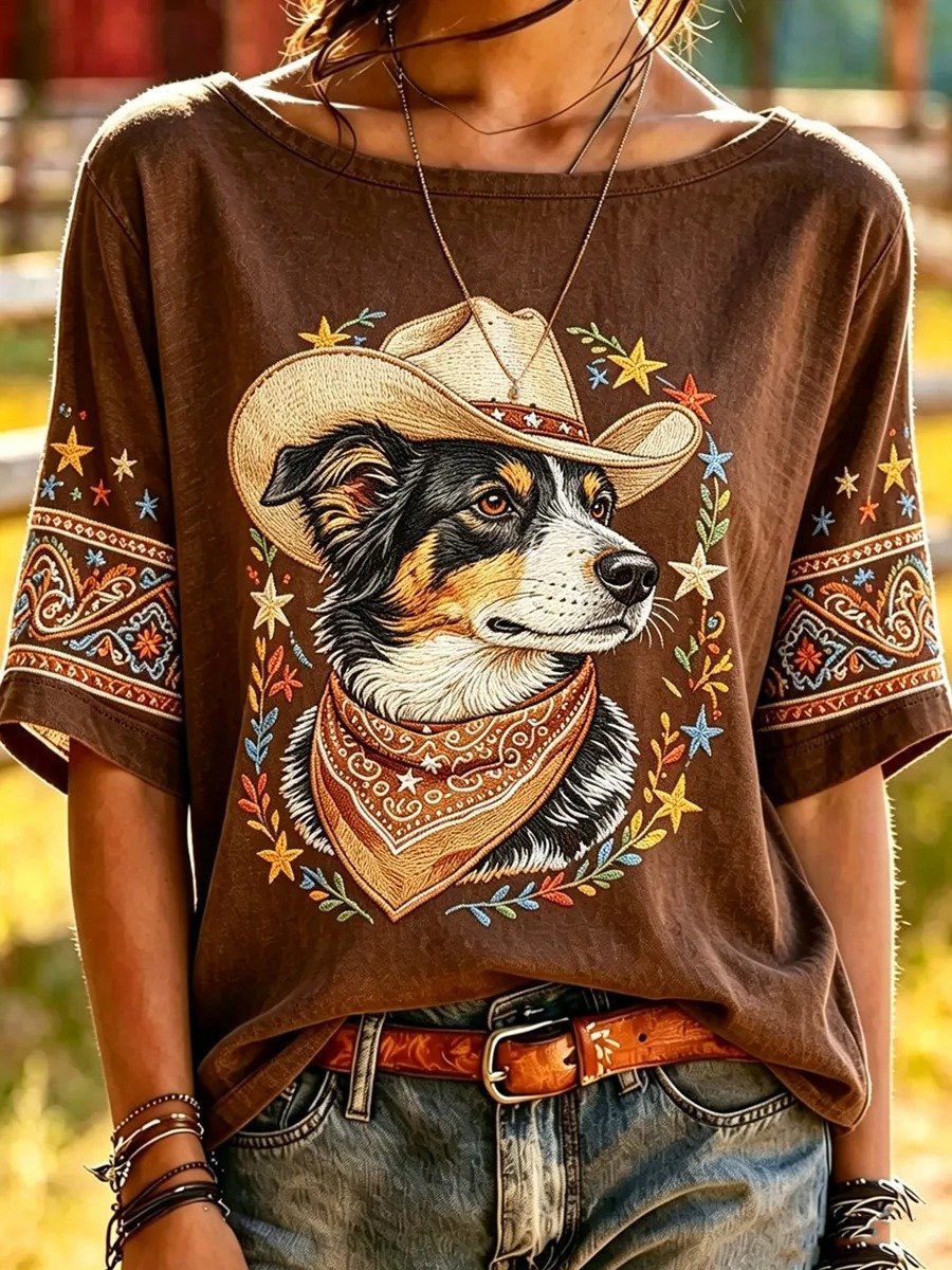 Women's Western-Style Border Collie Embroidery Mid-Sleeve T-Shirt