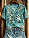 Women's Western Ethnic Style Feather Horse Print Short-Sleeve Top