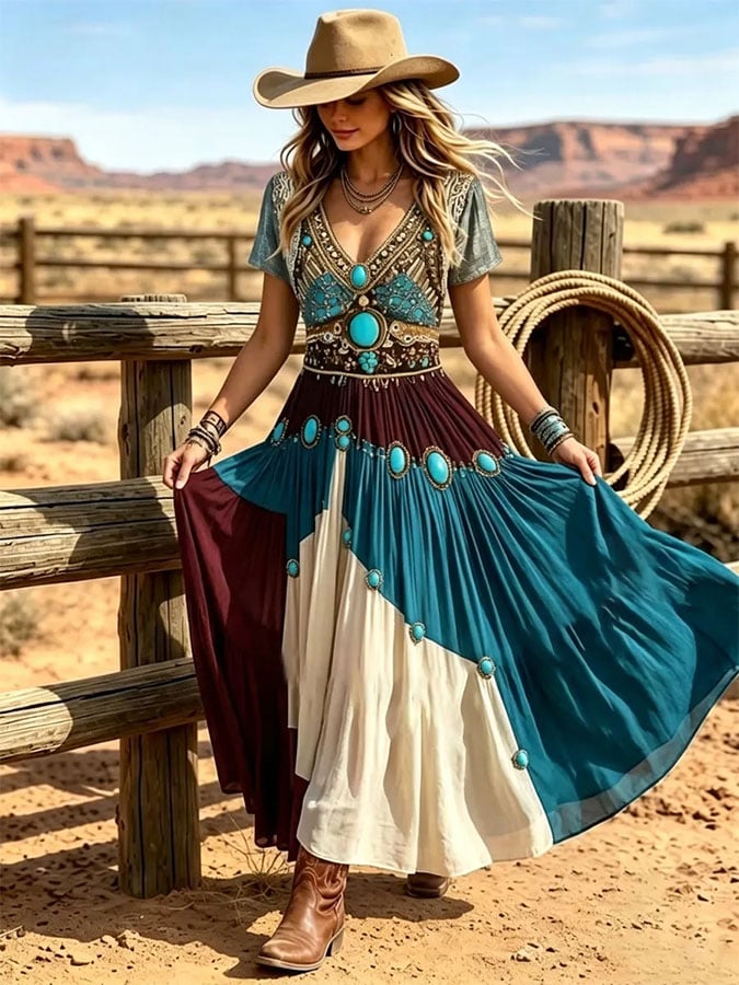 Women's Retro Western Print Short-Sleeve Dress