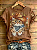Women's Short-Sleeve T-Shirt with Cat Wearing a Western Cowboy Hat