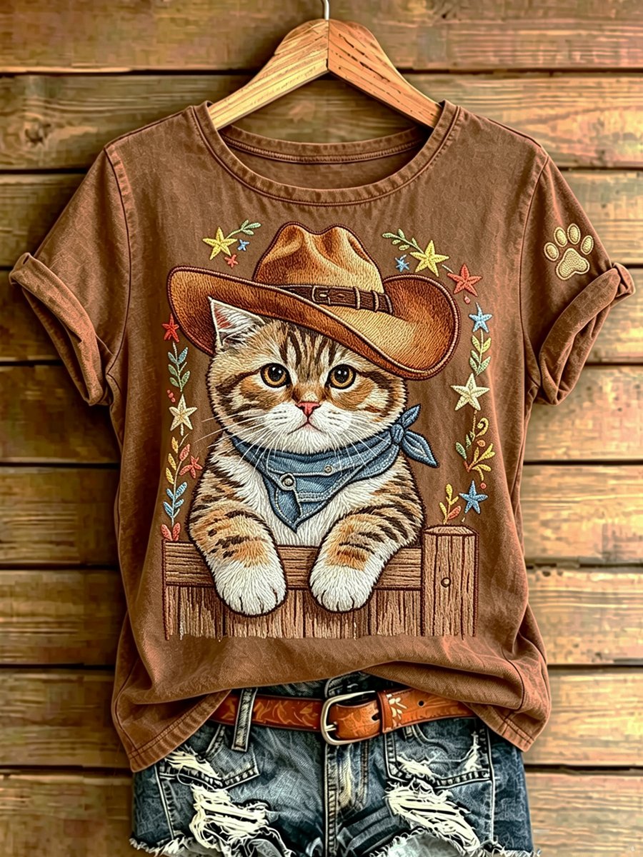 Women's Short-Sleeve T-Shirt with Cat Wearing a Western Cowboy Hat