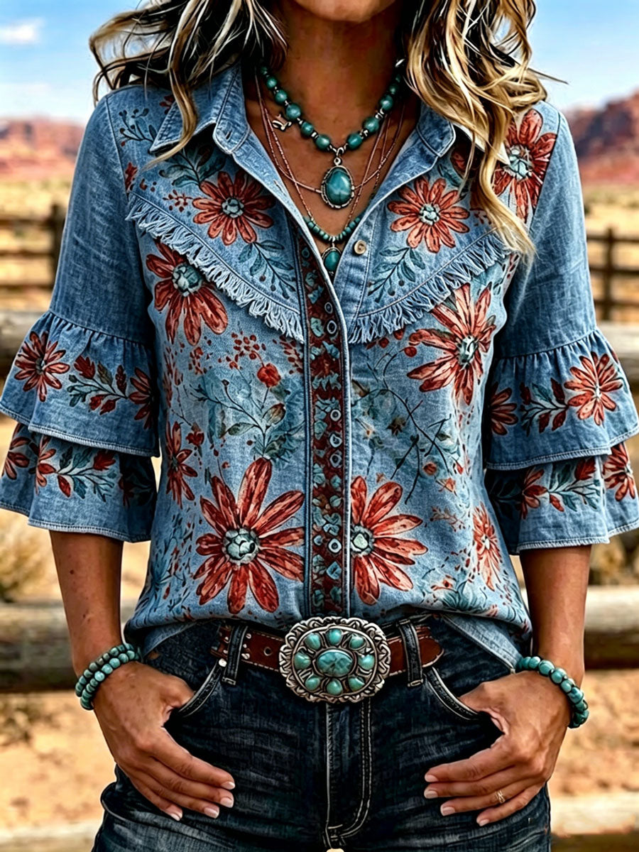 Camisa casual vintage de mujer con estampado floral, volantes y solapa
