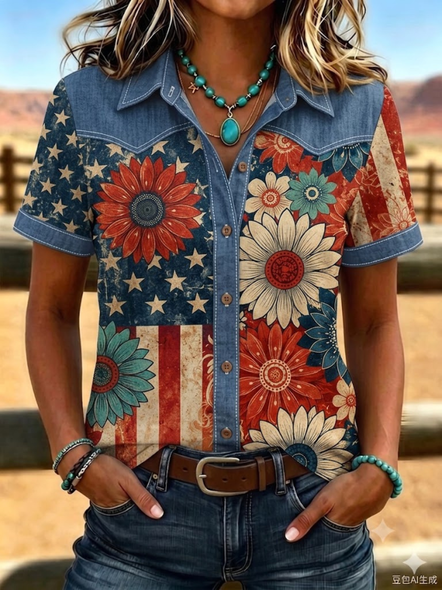 Women'S Retro Western Style Printed Short Sleeved Shirt