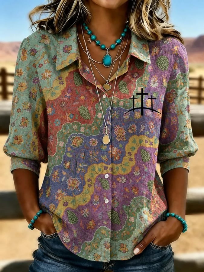 Women's Vintage Western Faith Cross Print Mid-Sleeve Shirt