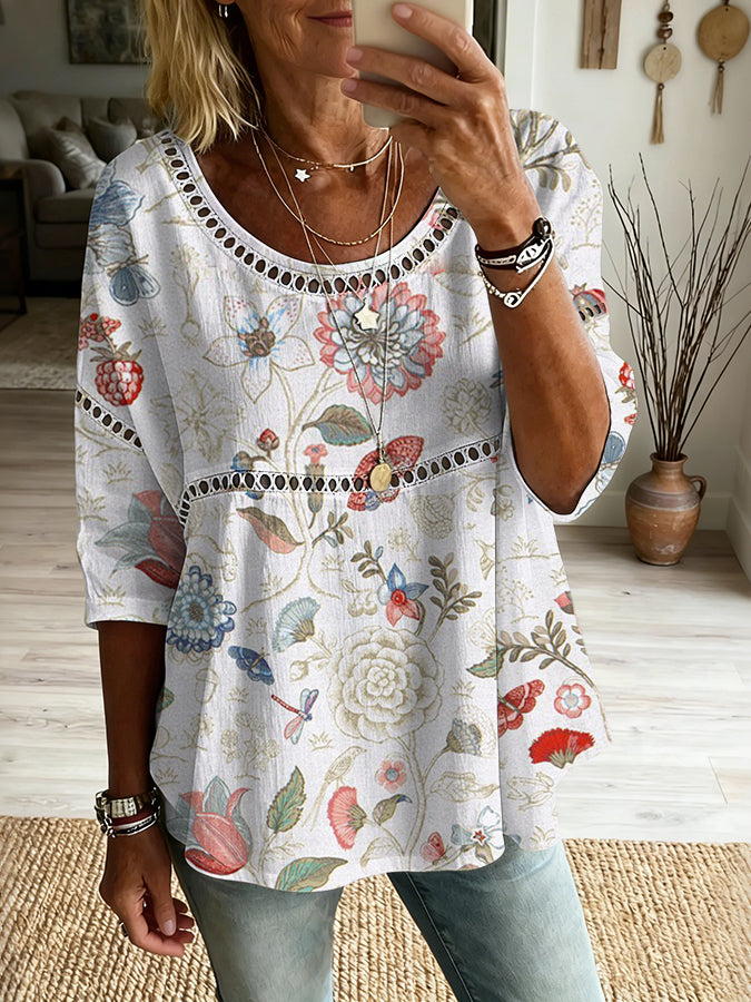 Top informal estampado con arte floral multicolor para mujer