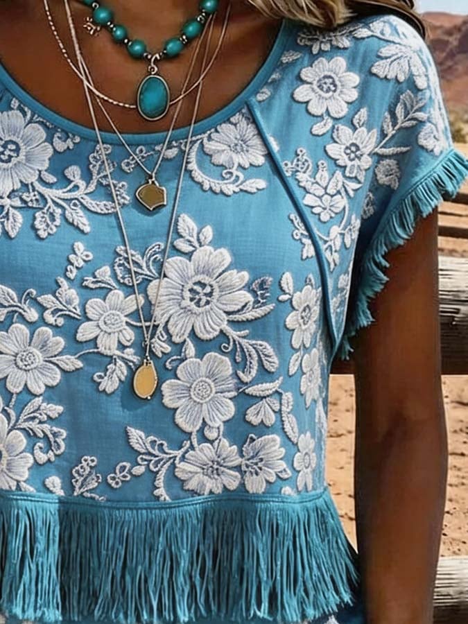 Women'S Casual Tassel Patchwork Printed Top