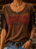 Women's Retro Western Print Fringe Round Neck Top