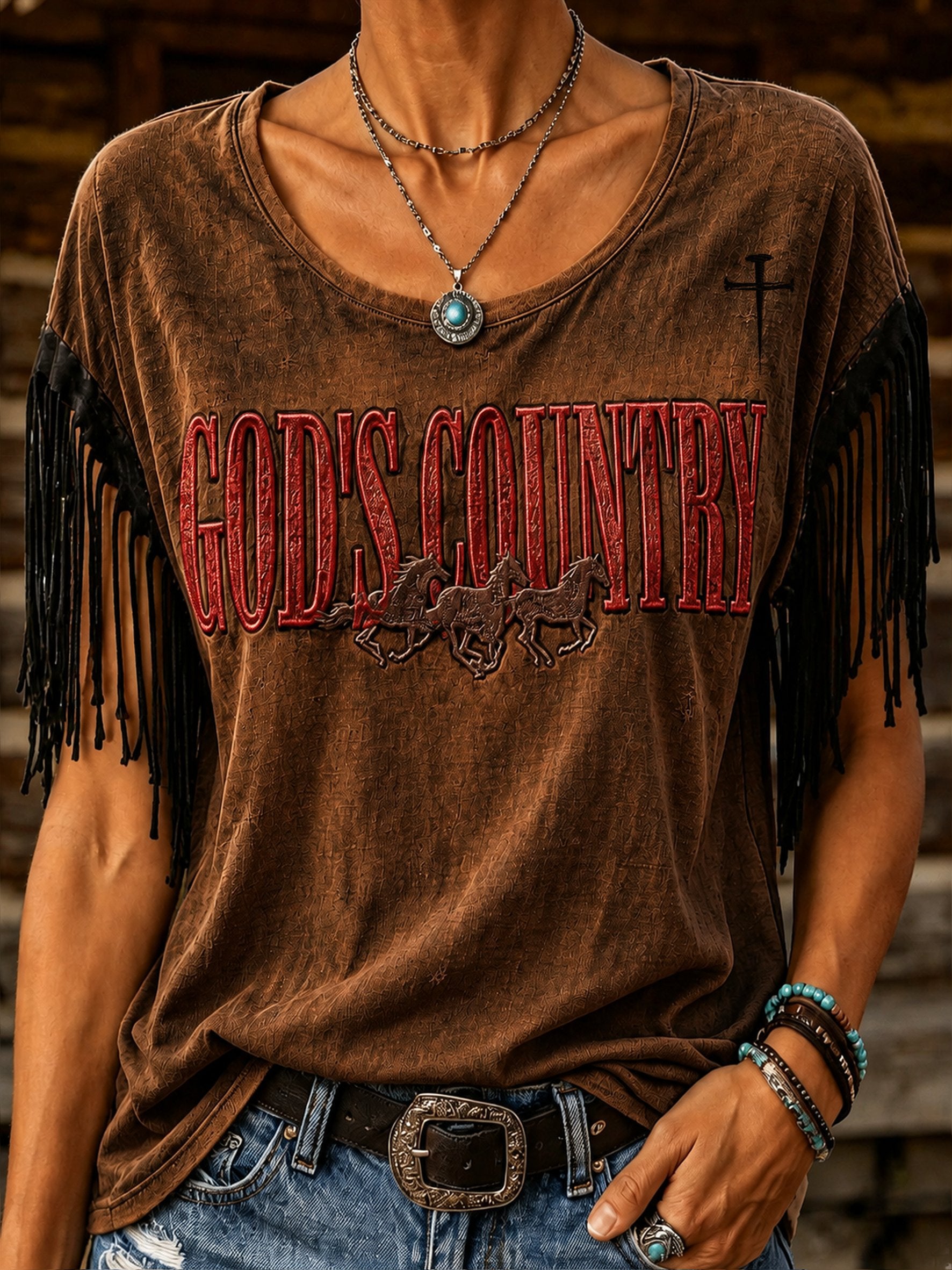 Women's Retro Western Print Fringe Round Neck Top