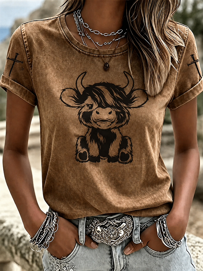 Women'S Western Style Animal Cross Round Neck T-Shirt